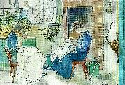 syende jantor-flickor som sy vid fonstret, Carl Larsson